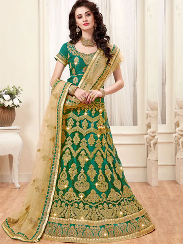 Green Embroidered A-Line Lehenga
