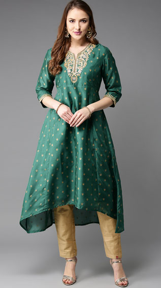 Green & Gold-Toned Printed A-Line Kurta