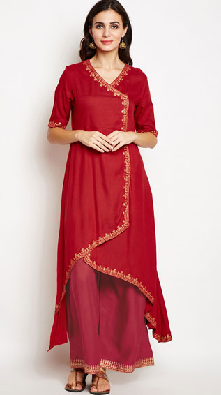 Maroon Solid A-Line Kurta