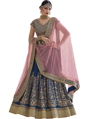 Navy Blue Handloom Raw Silk Lehnga