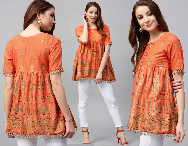 Orange Cotton Flared Kurti