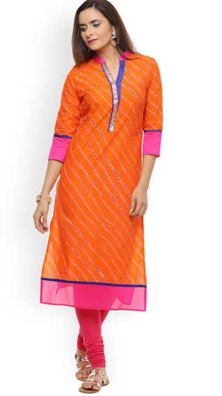 Orange Embellished Straight Kurti
