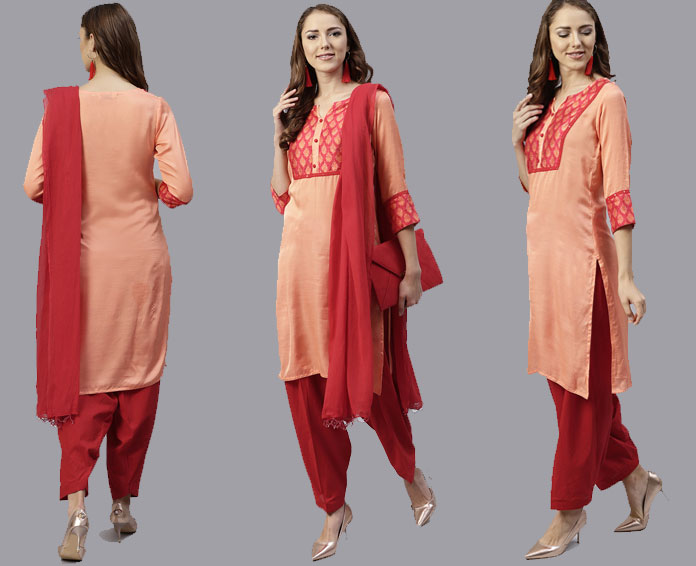 Peach-Coloured & Red Yoke Design Kurta with Patiala & Dupatta