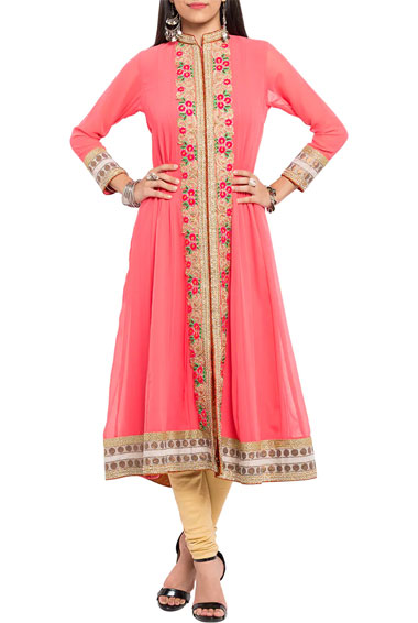 Peach Faux Georgette Flared Kurti