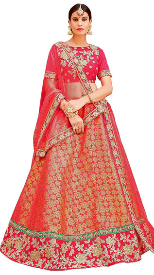 Pink Jacquard Silk Lehenga With Blouse Piece