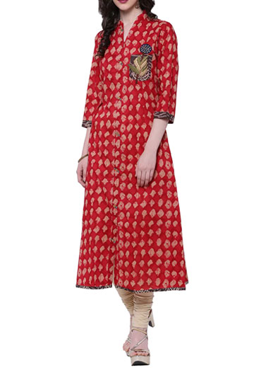 Red Cotton Emboidered A-Line Kurta