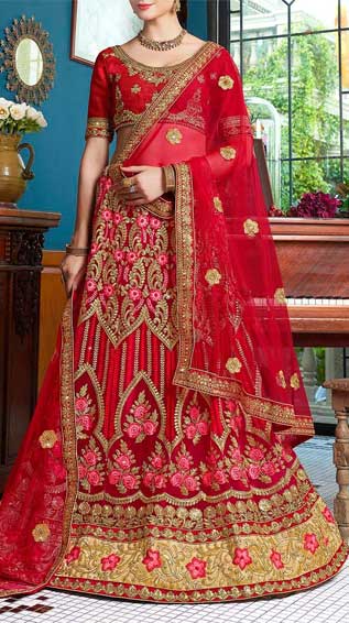 Red Net Flared Lehenga