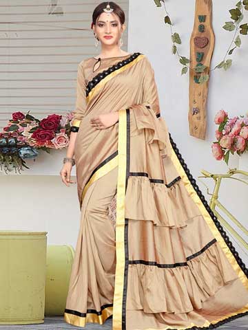 Ruffle Pallu Beige Fusion Saree With Blouse