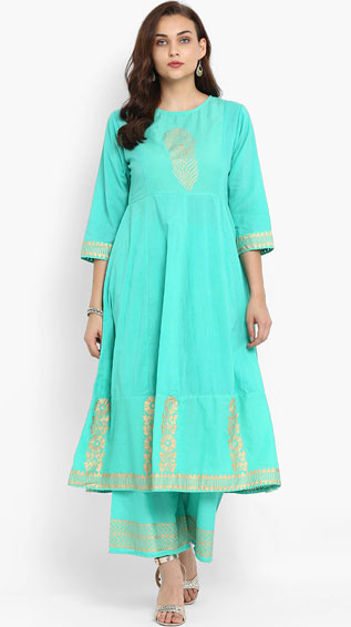 Sea Green Foil Printed Kurta With Palazzo