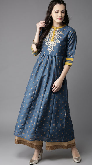 Teal Blue Printed A-Line Kurta with Gotta Patti 
