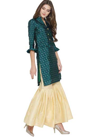 Teal Green & Beige Self Design Kurta with Sharara