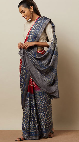 Handblock Ajrak Bandhani Pure Silk Gajji Saree