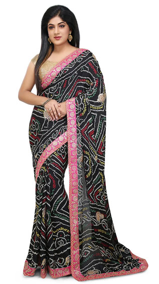 Bandhej Crepe Saree in Black