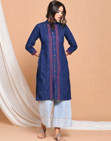 Denim Embroidered Straight Kurta