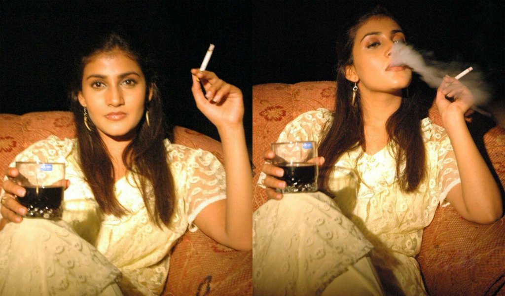 girl smoking and drinking