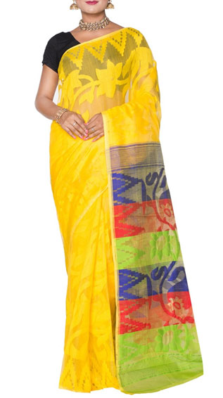 Yellow Cotton Silk Jamdani Saree