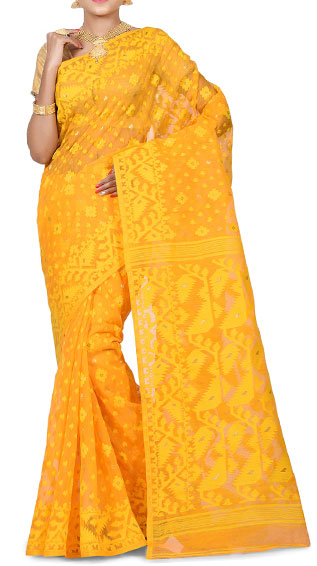 Yellow Dhakai Jamdani Saree With Blouse