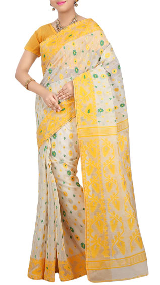 Jacquard Woven Cream Jamdani Saree