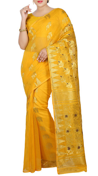 Yellow Jamdani Cotton Silk Saree