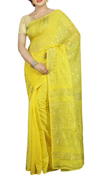 Yellow Cotton Silk Jamdani Saree