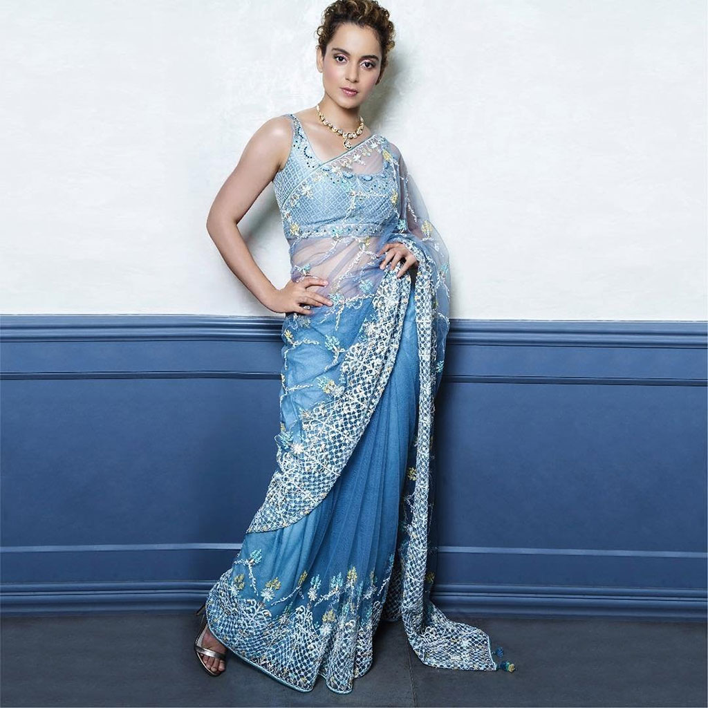 kangna in ice blue anita dongre saree