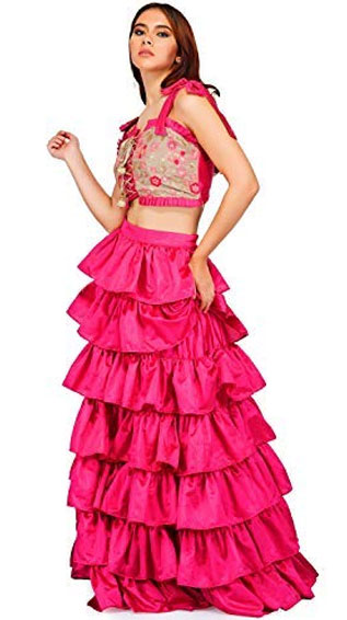 Silk Embroidered Ruffled Lehenga Choli & Crop Top