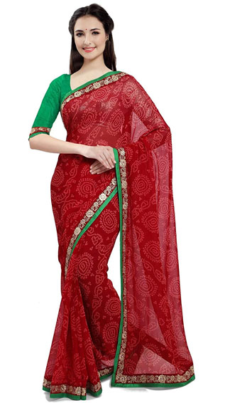 Red Bandhani Print Saree with Golden Border