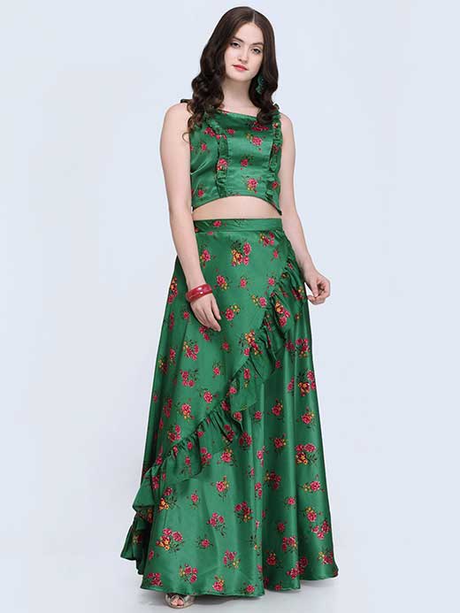 Black & Gold-Toned Box Pleated Lehenga with Printed Blouse
