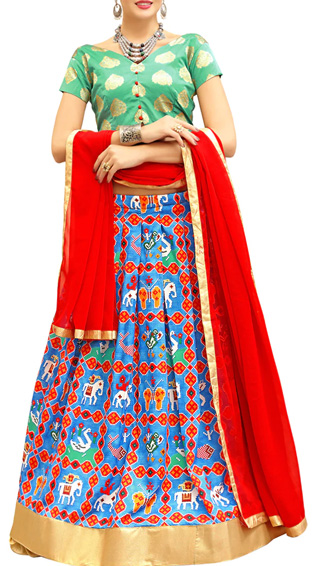 Blue Flared Semi-Stitched Lehenga