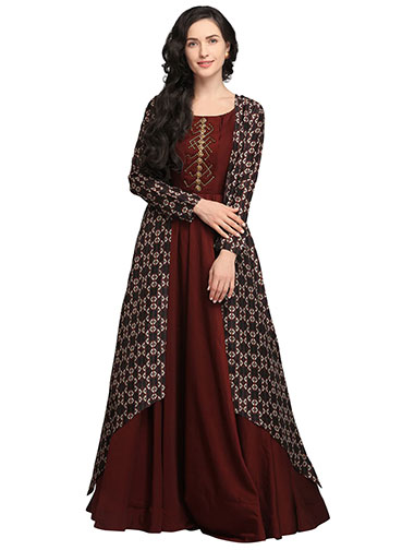 Burgundy Tussar Flared Gown With Printed Jacket
