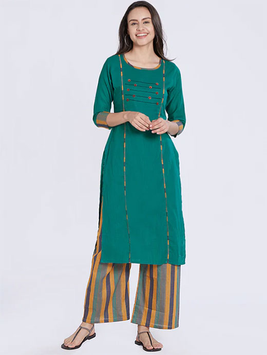 Buttoned Detail Kurti With Stripes Palazzo Set