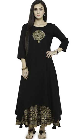 Embroidered Kurta with Black Printed Skirt 