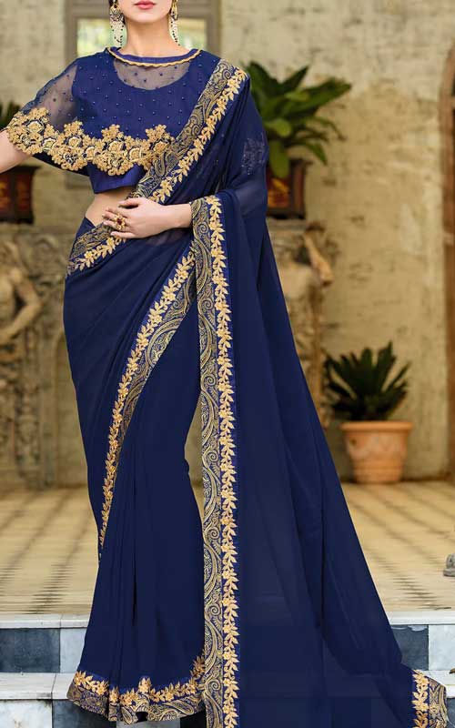 Floral Embroidered Lace Border Saree With Blouse