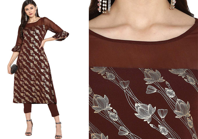 Foil Print A-Line Kurti With Narrow Pant
