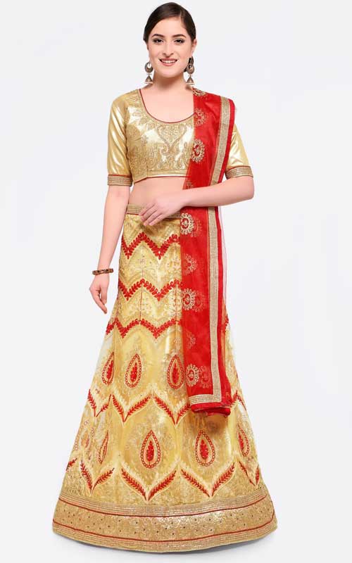 Gold-Toned & Rust Red Embroidered Lehenga