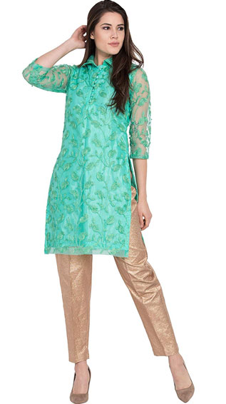Green Embroidered Net Kurti