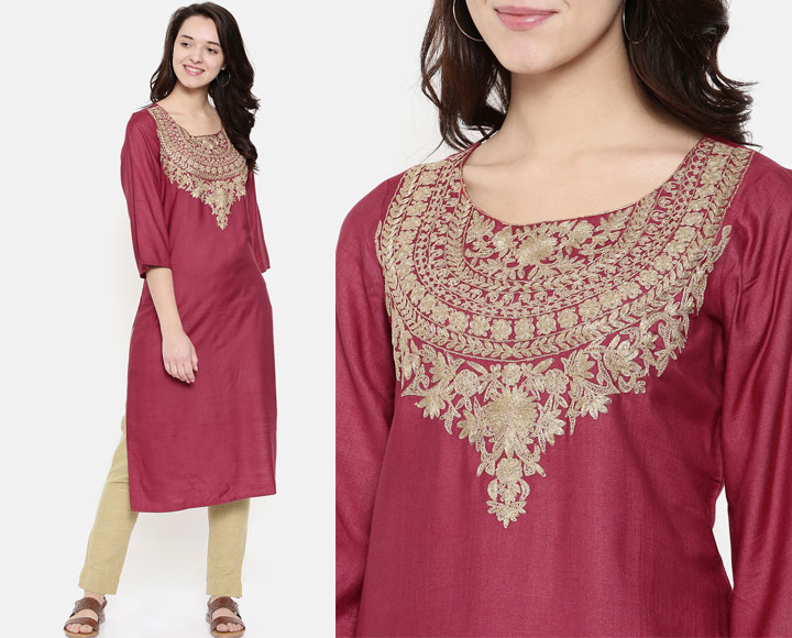 Maroon Yoke Design Straight Kurti