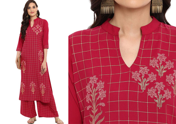 Maroon color Straight Foil Print Kurti
