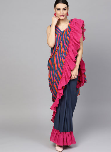 Navy Blue & Pink Leheriya Print Saree