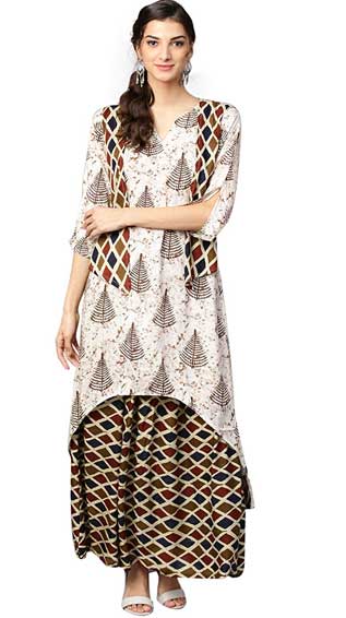 Off White and Beige Printed Kurta With Skirt Set