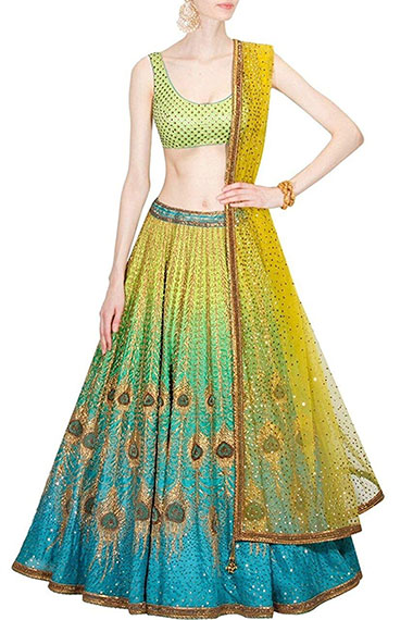 Peacock Artwork Silk Lehenga