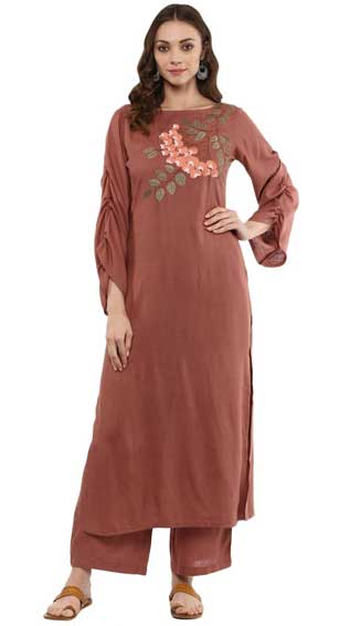 Rayon Rose Gold Embroided Kurta & Palazzo Pants