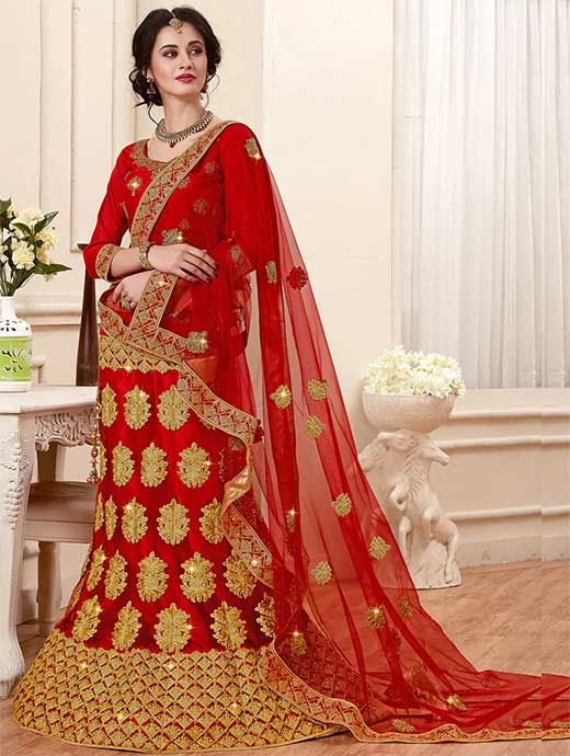 Red Embroidered A-Line Lehenga