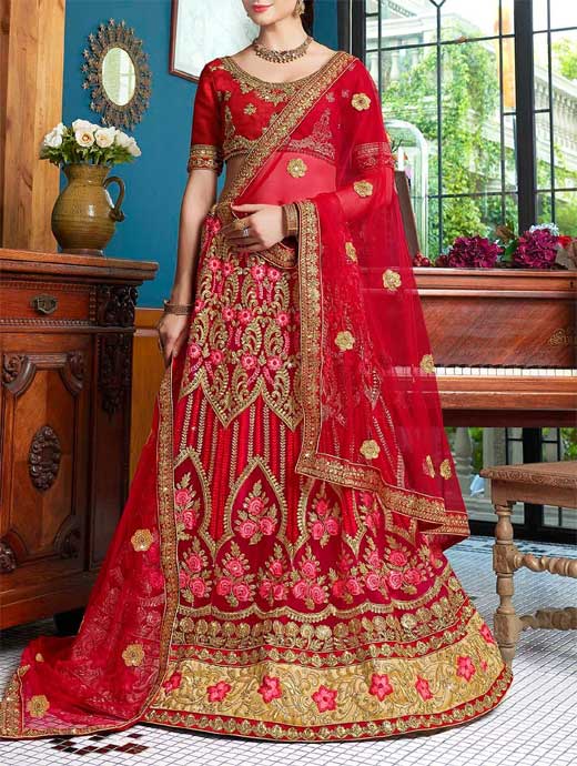 Red Net Flared Lehenga