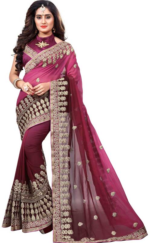 Wine embroidered georgette saree with blouse