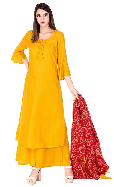 Yellow Kurti With Palazzo Pant Dupatta 