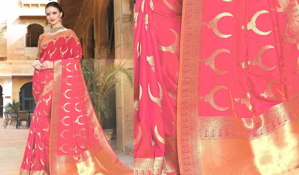 Zari Motif Pink Banarasi Saree With Blouse