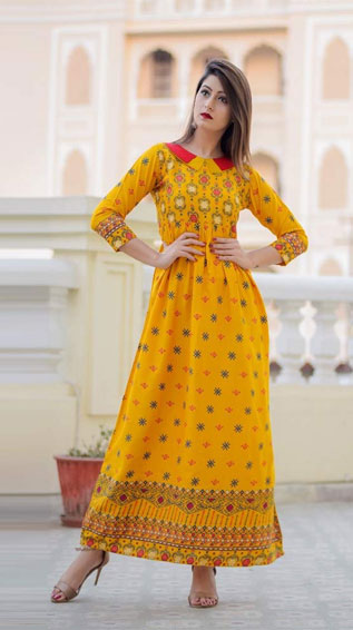 Yellow Print Polka Dot Cotton Long Kurtis