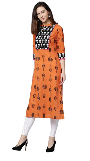 Orange Floral Straight Cotton Kurta