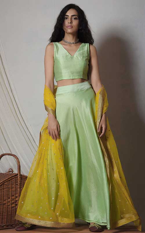 Pure Chanderi Mint Green Flared Lehenga